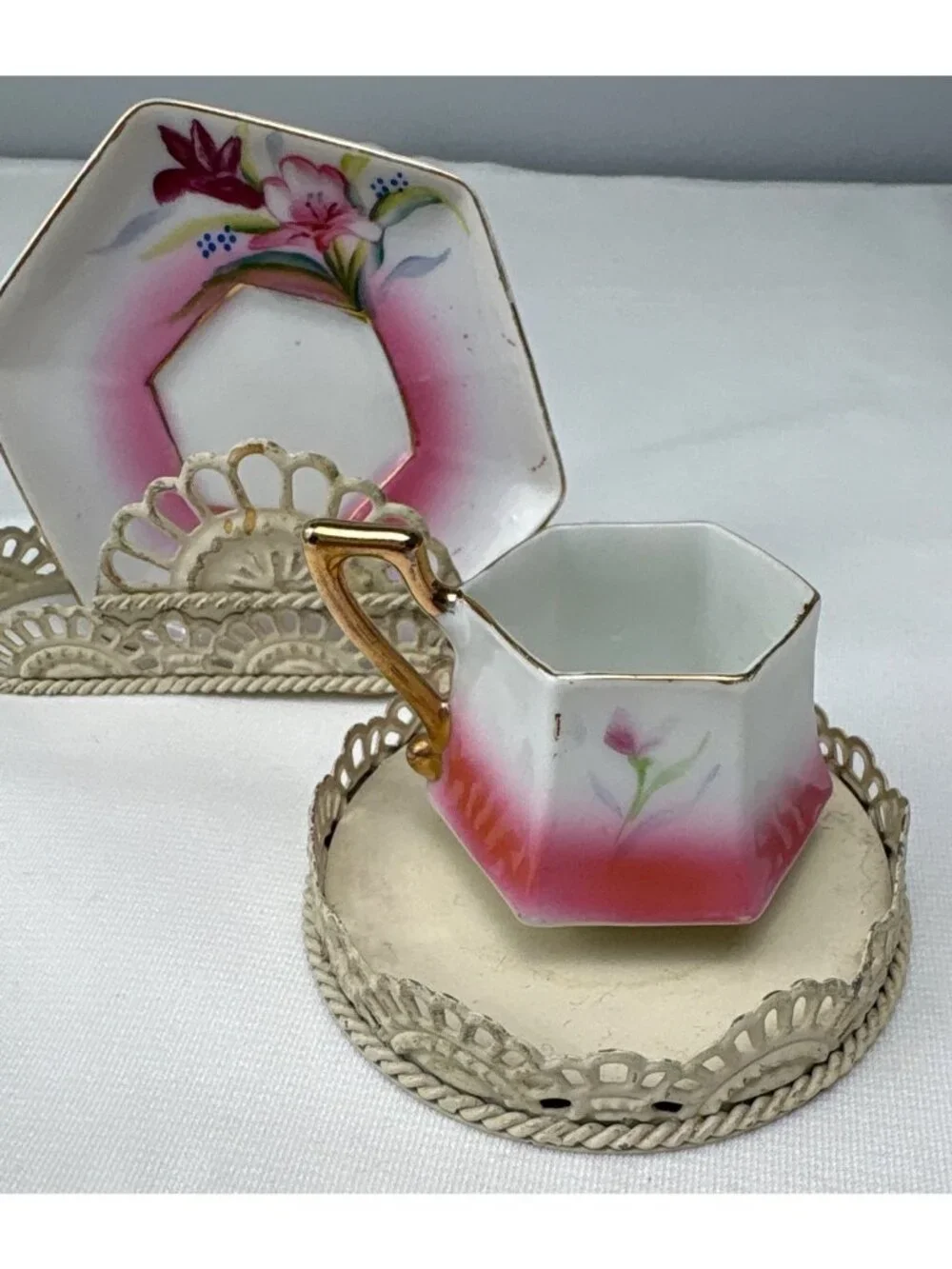 Hand-Painted Japanese Hexagon Teacup & Saucer Pink Floral Gilt Trim Stunner Vtg